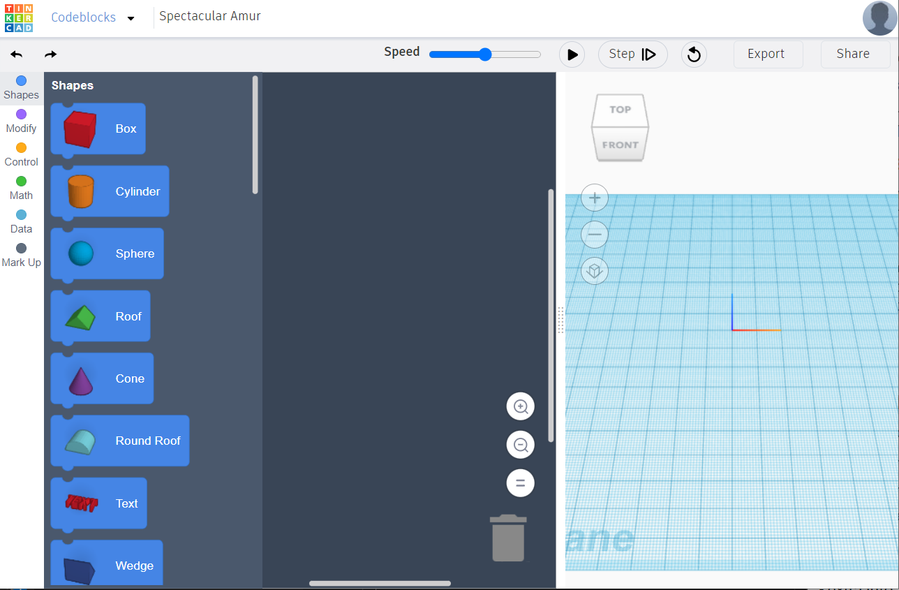 screenshot of the Tinkercad editor. The menu is on the left, a blank editor screen in the middle, and a blank output screen on the right.